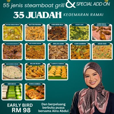 Steamboat & BBQ Buffet with 35 malay dishes for RAMADHAN . RM 118 per head , early bird at RM98