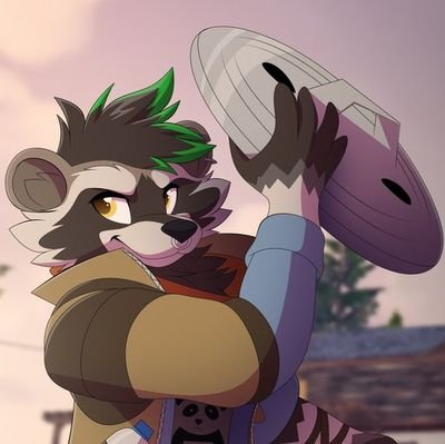 A trashy racoon with a green tipped mohawk and a love for scrap. He's also got a sick ass motorbike!