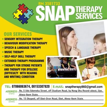 Snap Therapy Services offers Therapeutical Services to children, teenagers and adult with Autism and other Speech related challenges.