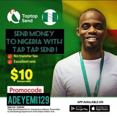 GET FREE $10 COURTESY TAPTAPSEND WHEN YOU SEND MONEY TO FRIENDS AND FAMILIES IN OVERSEAS.

JUST USE CODE ADEYEMI129 ON YOUR FIRST TRANSFER.