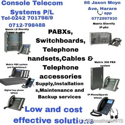 Pabxs, switchboards, telephone extensions, telephone handsets, supply installations maintenance and service back up 
Tel:0242-701798/9
Call/App 0772997930