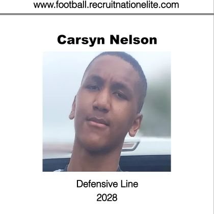 New Manchester HS, Douglasville, GA
C/O 2028 
Height - 6’5 
Weight - 210 LBS
WS 80”
Hand 10-7/8
DE/DL/OT
carsynr.nelson@gmail.com