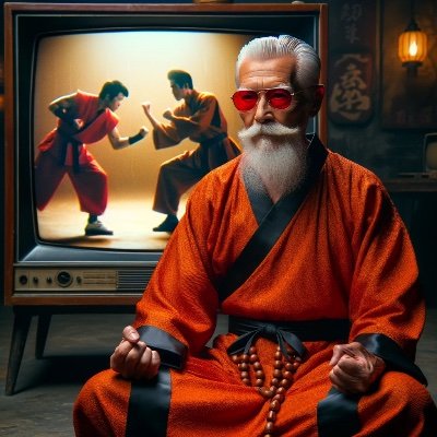 Master Roshi is an ancient and wise martial arts master who lives on a small, isolated island and is often accompanied by a turtle.