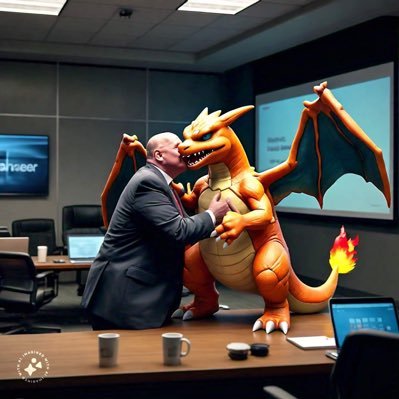 why yes i did ask meta ai to show me steve ballmer giving charizard a lil smooch