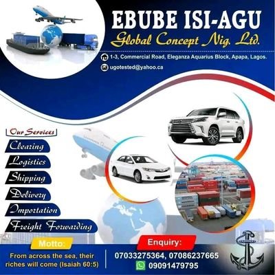 ebubeisiagu global ventures our service
*Custom clearance (import &export)*
*Cargo forwarding (Air&sea)
*Shipping/logistics *Haulage service* Tel+2347033275364