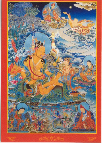 On a mystical lake in northern India, Guru Rinpoche was spontaneously born on a lotus blossom as an eight-year-old child, emanated from the heart of Buddha Amit