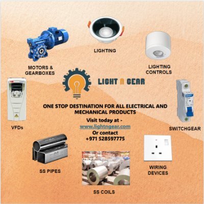Lightngear is the one step solution for you lighting, fans, wiring and lighting control, Industrial motors, Industrial Gearboxes, Stainless steel coils & pipes.