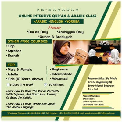 A Qur’ān and Arabic tutor|diploma in Islamic shari’ah|https://t.co/9vLh43Aifd in-view Islamic Studies @LASU |Graduated @دار النعيم والقرآن الكريم| Qur’an class Tel:+2348167825629