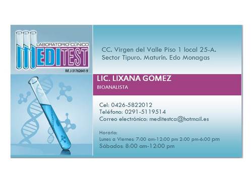 meditestca's profile picture. Examenes de rutina, pruebas especiales, marcadores tumorales, serología, etc Servico de toma de muestra a domicilio, envio de resultados via email y más!!!