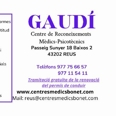 Passeig Sunyer , 18 Baixos - 2
(Prop Pl. Oques)
43.202 - REUS
Telf. 977-756-657 / 977-11-54-11
tarragona@centresmedicsbonet.com
https://t.co/oWJtB32YGz
