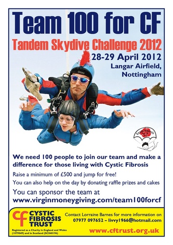 Team 100 for Cystic Fibrosis. The tandem skydrive challenge 2012. We need 100 people to join our team and make a difference for those living with CF.