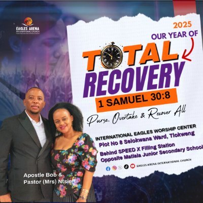 eaglesarenaintl's profile picture. Spreading the word of God on X!
Facebook| Instagram: Eagles Arena International Church

Located behind SPEED X in Tlokweng
Sunday Service: 0900hrs - 1330hrs