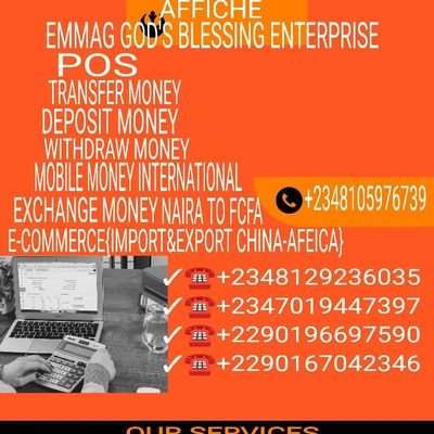 POS
DEPOSIT MONEY
TRANSFER MONEY
EXCHANGE MONEY
WITHDRAW MONEY
E-COMMERCE {IMPORT&EXPORTCHINA TO AFRICA}