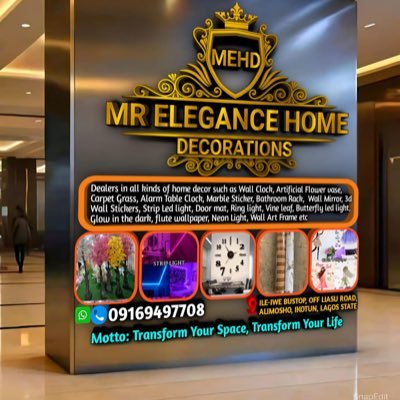 Mrhomedecors's profile picture. Wall Clock ⏰, Carpet Grass, Table Clock 🕰️, Glow in the dark, Strip Light, Wall Stickers, Artificial Flower vase , Door Mat, Vine leaf, Marble Stickers