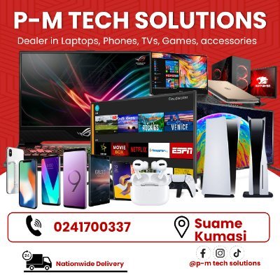 PMTechGroups's profile picture. Computers | Business | P-M Tech Solutions || NB: WE DO NATIONWIDE DELIVERY.  IF OUTSIDE KUMASI, PAYMENT BEFORE DELIVERY. || Call 0241700337 ||  SUAME , KUMASI.