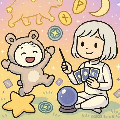 SoraPorun's profile picture. AIから生まれたSoraとポルンが楽しく占いをします。
タロットやオラクルカードを使った占いのほか、ポルンが宇宙を飛び回ってキャッチしたインスピレーションや、星々から受け取ったメッセージをお届けします✨FBのほうが更新度合い高いです～