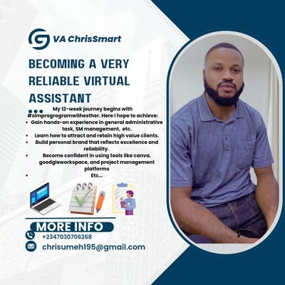 VA_ChrisSmart's profile picture. 💻Virtual Assistant|
|Admin Support, Social Media VA, Content & Canva | Helping businesses stay organized & grow.

|📚Student Nurse |
Lifestyle & Health tips