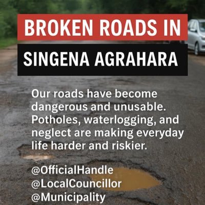 Official handle of Singena Agrahara’s fight for Road. Powered by potholes,bumps,& unshaken spirit. Tag,Shame the roads. Demand action. #FixSingena #PotholePuram