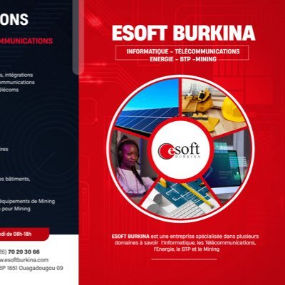 ESOFTBURKINA's profile picture. SOCIETE SPECIALISEE EN INFORMATIQUE- ENERGIE - TELECOMMUNICATIONS - BTP - MINING Tél: +226 25 40 84 99 https://t.co/3IGNG23I15 info@esoftburkina.com