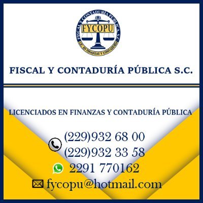 FycopuSc's profile picture. Despacho Contable y Fiscal
Cel 2294395048 / 2291770162
Emparan 97 Int 201 Col. Centro Cp 91700.