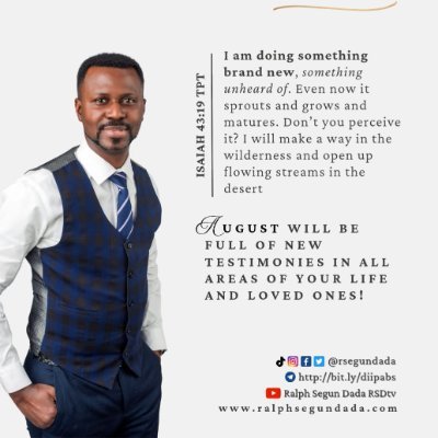 Passionate about Purpose, Fulfillment and Leadership.
Pastor @daystarng
Leading Ralph Segun Dada Foundation @rsd_foundation.
https://t.co/pKiF2fp0pz