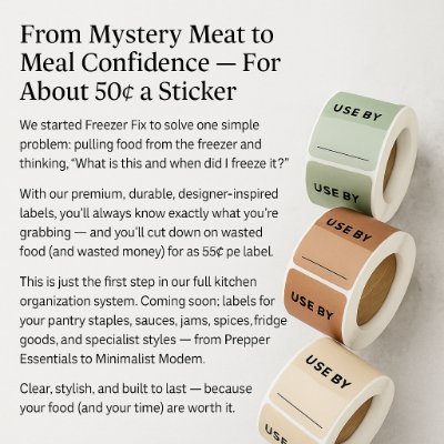 Stylish, easy labels for busy people.
Save time, money & stress by always knowing what’s in your freezer, and when to use it - FreezerFix