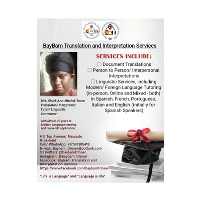 We provide Translation, Interpretation and Linguistic Services, including Private Foreign Tutoring Language Tutoring (EC $20.00 per hour per person).