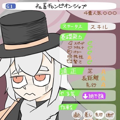【牡馬刺し系万年金欠落ちこぼれ公務員】/投稿内容に一貫性がない/普段は社畜(自称)しながら個人企業問わずにYoutube(基本ROM勢)とIRIAM(無口が多い)を徘徊/頭が悪い/なぜか白髪銀髪に目がない体質 /競馬とウマ娘と旅が好き/賭け事やゲームは下手くそを極めてる.../最近の出来事：『痛風になりました』