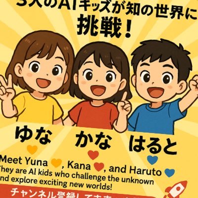 Ai7816120291902's profile picture. 黄色い服の女の子「ゆな」💛
赤い服の女の子「かな」❤️
青い服の男の子「はると」💙
3人のAIキッズが、まだ誰も知らない世界にワクワク挑戦！