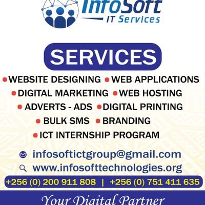 We offer a wide range of services that include but not limited to;
° BULK SMS
° Software Development
° Website Design & Hosting
° Graphics
° IT Support .....