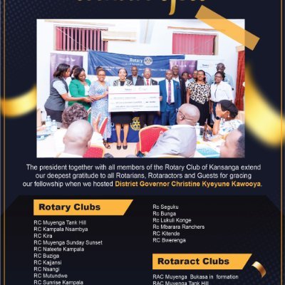 Rotary Club of Kansanga is part of RID9214 (Uganda and Tanzania) uniting for good; one act at a time. Meets every Tuesday 7pm-8pm @Rwizi Arch Hotel Kansanga