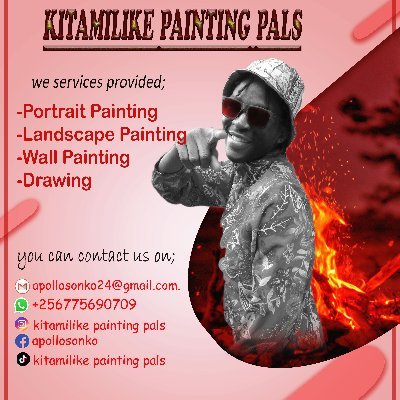 apollosonko's profile picture. painting on canvas; oil paint, Acrylic paint and watercolor. 
Drawing; Charcoal Pencil, Coloured pencil and watercolor.
wall Painting; 2D sketches.