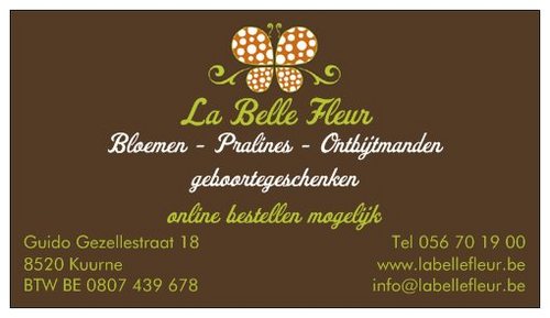 labellefleur3's profile picture. Bloemenhuis La Belle Fleur is gelegen in het hartje van Kuurne.
Onze specialiteit: ontbijt aan huis met bloemen, pampertaarten, bloemstukken en boeketten.