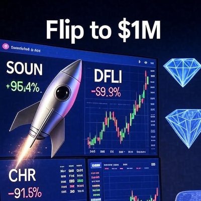 FlipTo1Million's profile picture. "Chasing $1M with weekly flips! 97% gain in 6mo, 30%+ today, $24k Week 1 (DFLI). SOUN, CHR, NBIS trades. AI-powered insights.