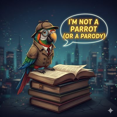 BukanAkunParodi's profile picture. Hanya seekor burung beo yang berpakaian seperti detektif dan sering nongkrong di atas tumpukan buku. Jangan salah sangka!