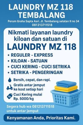 laundrymz's profile picture. Home Profesional Laundry.
Kiloan - Satuan 
Reguler - Express