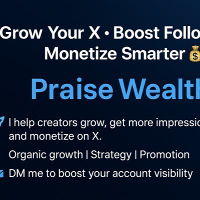 Praise947's profile picture. 🚀 I help creators grow, get more impressions, and monetize on X. 📊 Organic growth | Strategy | Promotion 📩 DM me to boost your account visibility