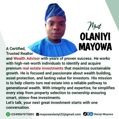 olaniyimayowa94's profile picture. 🏡 Real Estate Investment Advisor | Helping Investors secure wealth through land & property | Smart Choices, Lasting Value ✨ | 📩 DM to secure your plots today