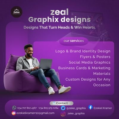 zeke_graphix's profile picture. 🎨 Graphic Designer | Logos 🖋️ • Flyers 📄 • Branding 💡 • Banners 📢 • Ebook Covers 📚 • Presentations 🖥️ • Mockups 🧩 | Visuals that elevate your brand.
