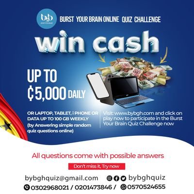 bybghquiz's profile picture. The Burst Your Brain Quiz is an online quiz Challenge. Attempt our quiz questions and win cash daily. Visit: https://t.co/g106xWdNwV Receive your MoMo alert tod