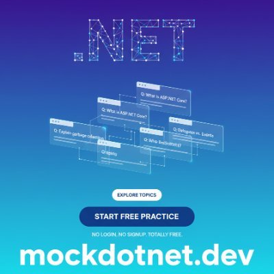 MockDotNet_Dev's profile picture. Nail your .NET interviews !! 
Practice interview questions on C#,https://t.co/tRiblsHnHU, EF Core & beyond. 
100+ carefully curated questions, instant feedback. 
Level up now!