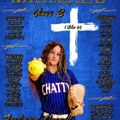 Jacilayne40's profile picture. RHP/UT #40 🥎 Chattanooga HS, Chattanooga, OK🥎Multi-Sport 🥎🏀 John 13:7  ✝️Choctaw Nation ✝️jacilayne_cassell@chatty.k12.ok.us