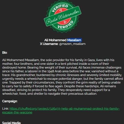 mazen_msallam's profile picture. I am Ali from Gaza, 23 years old. My family, my sick grandmother and I live in the middle of the destruction of our dilapidated home, save us from this war