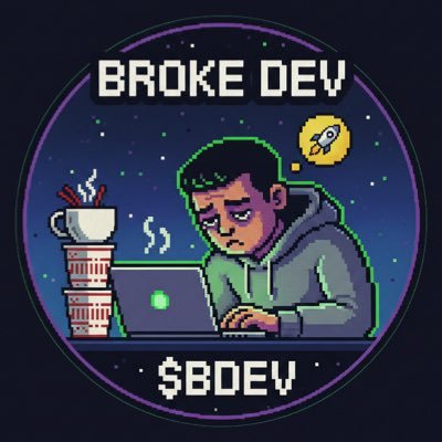 BDEV_BrokenDev's profile picture. I have $20 left and a dream. No VCs, no marketing budget, just 0.1 SOL and me. 💻🍕 Let's show them what a community can do! 🚀 #Solana #Pumpfun #BDEV