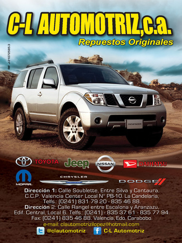 C-L AUTOMOTRIZ  te ofrece repuestos totalmente originales y japones para tu vehiculo Nissan, toyota, jeep, dodge , chrysler
🚗