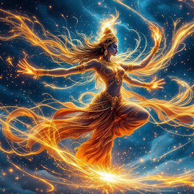 Golden goddess in eternal whirl. Flames weave her form, stars kiss her skin.
She dances worlds into being. 💫🔥
#GoldenDeity #CosmicDance #FlameGoddess #StarryG