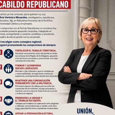Ex-candidata a concejal por Mejillones. Partido Republicano.Libertad,Patria y Familia.Educadora PUC. Mag.RRHH y Flia.Consejera Regional de #PRdeChile