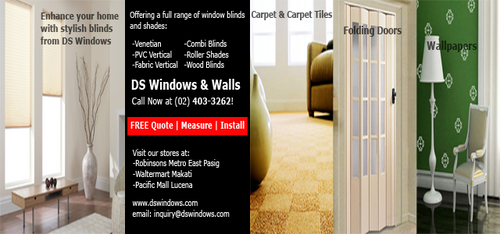 blindsph's profile picture. DS Windows & Walls Interior Supply, leading supplier of Window Blinds,Carpet,Wallpaper,and PVC folding door in the Philippines. Call us now at (02) 8-403-3262!