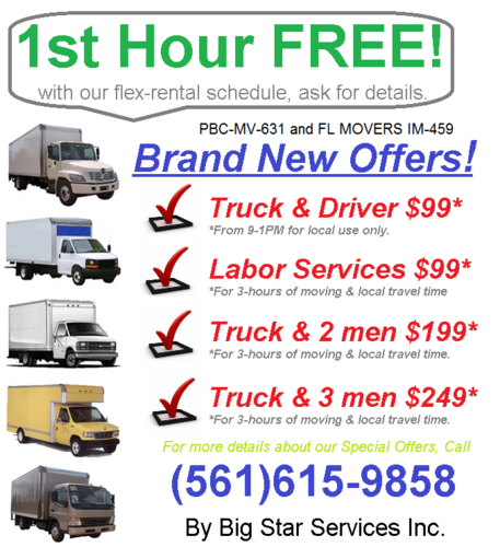 Big Star Moving is a west palm beach moving companies from $199 for small local moves, call 561-615-9889 for details.