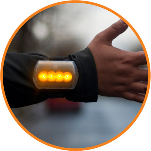 Revolutionary road safety LED indicator device for cyclists which auto-flashes to show an intended manoeuvre... BE SAFE - BE SEEN!